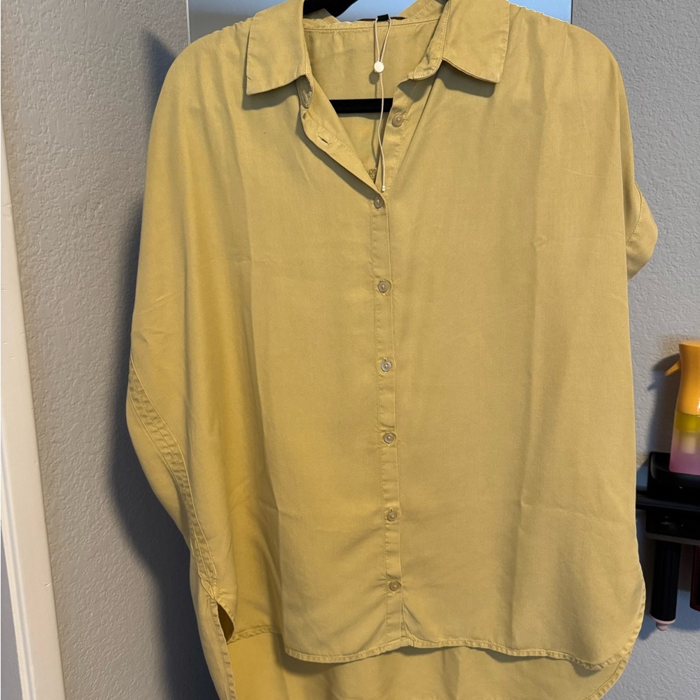 Quince Yellow Khaki Short Sleeve Blouse Tencel Camp Shirt